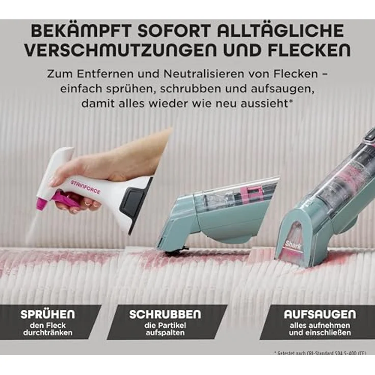 Shark StainForce HX100EUCP, Kabelloser Fleckenentferner mit leistungsstarker Fleckentfernung, inklusive Aufbewahrungsbox, Zubehör und 2 × Reiniger – Bild 5
