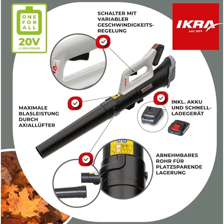 IKRA Akku Laubbläser ICB 20, 20V mit variabler Geschwindigkeit, leise & leicht, inkl. 2 Akkus (2,0 & 2,5 Ah) & Ladegerät – Bild 6