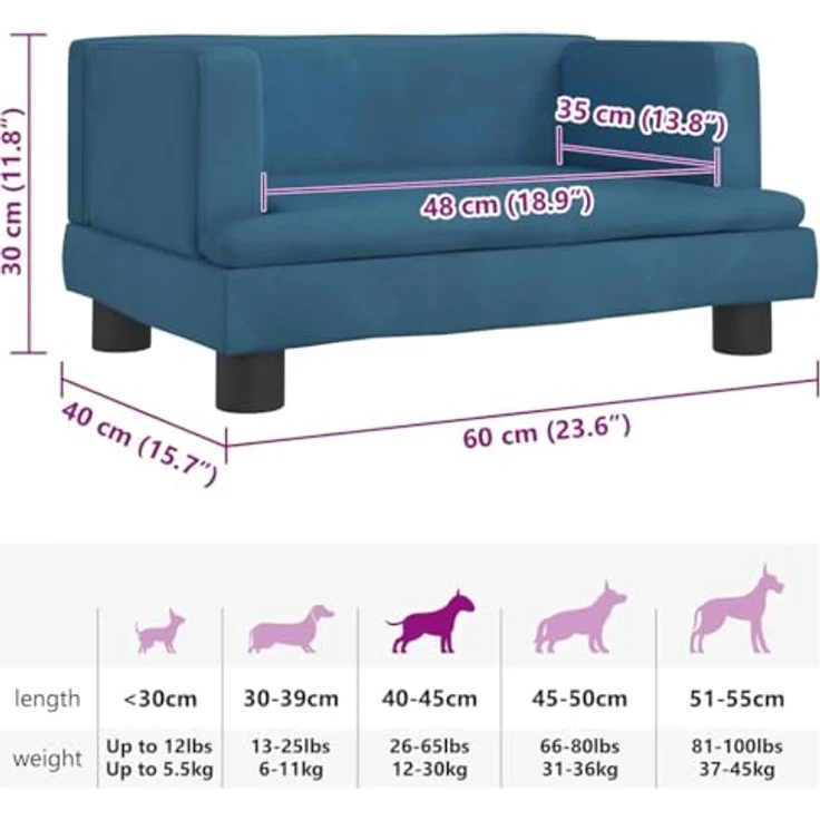 vidaXL Hundekorb Hundebett Blau 60x40x30 cm Samt Körbchen Hundesofa mit robustem Kiefernholzrahmen und bequemer Schaumstoffpolsterung – Bild 7