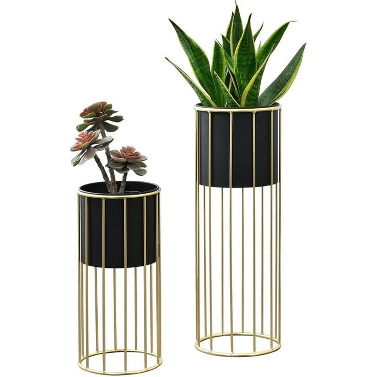 en.casa Blumenständer (Set, 2er), »Mortsel« Pflanzenständer 2er Set Metall Schwarz/Goldfarben - Zeitloses und dekoratives Design – Bild 1