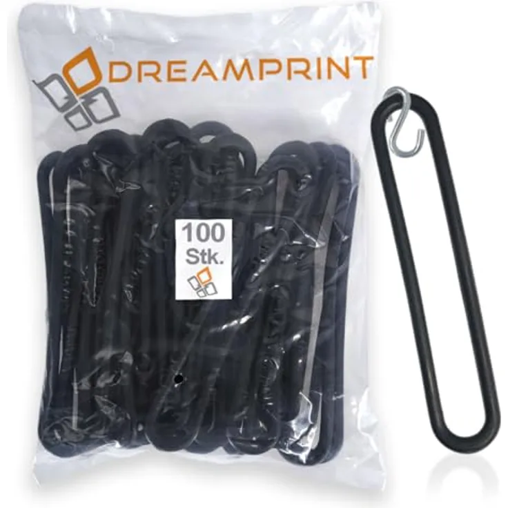 Dreamprint Gummispannringe (100 Stück, 250mm, Ø8mm) + 100 x S-Haken - Spanngummi in Schwarz - UV-beständig, Witterungsbeständig, Widerstandsfähig