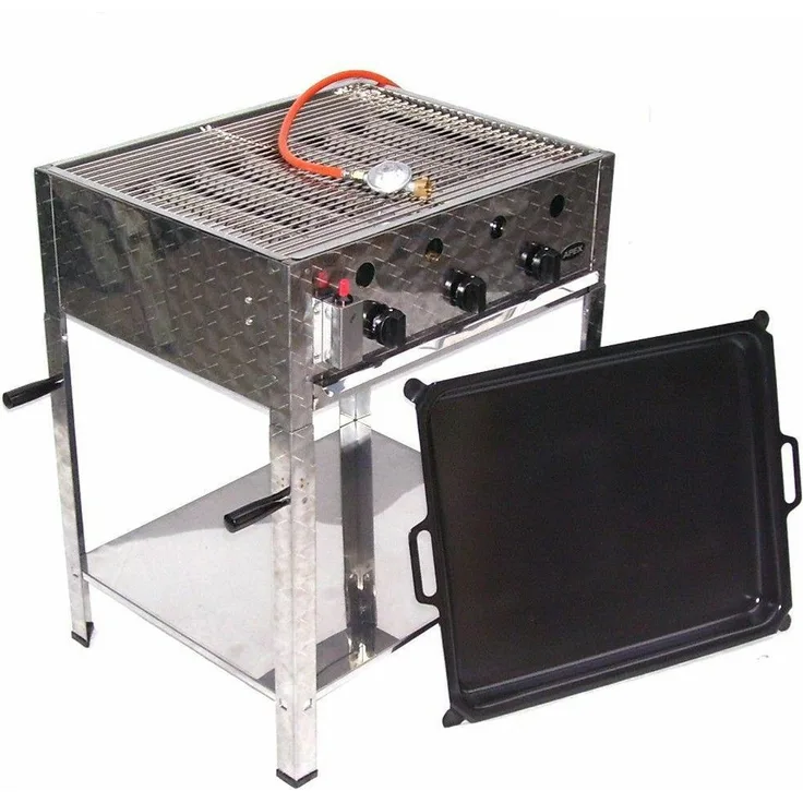 Apex Gasgrill EDELSTAHL GASBRÄTER 10 kW 3 flammig GASGRILL BRÄTER, mit 3-flammigem Tischgerät, elektronischer Piezozündung, und Edelstahl-Fahrwagen