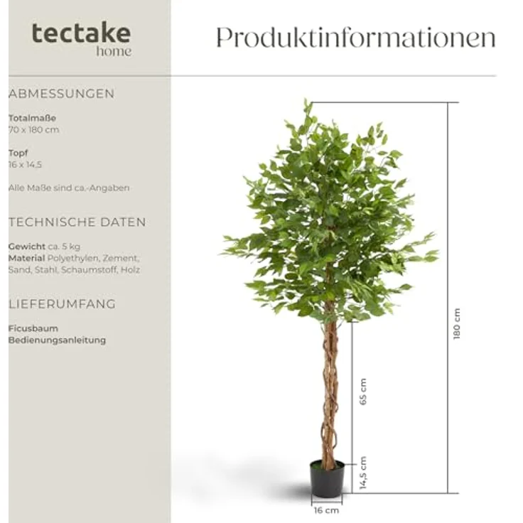 tectake Künstlicher Ficusbaum Fida, 180 cm, naturgetreu mit stabiler Kunststoffbasis, pflegeleicht und vielseitig einsetzbar – Bild 6