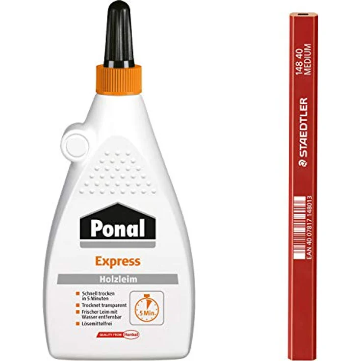 Ponal Express Holzleim, transparenter Holzkleber, 5 Minuten trocken, 225 g Flasche & hochwertiger Zimmermanns-Bleistift – Bild 1