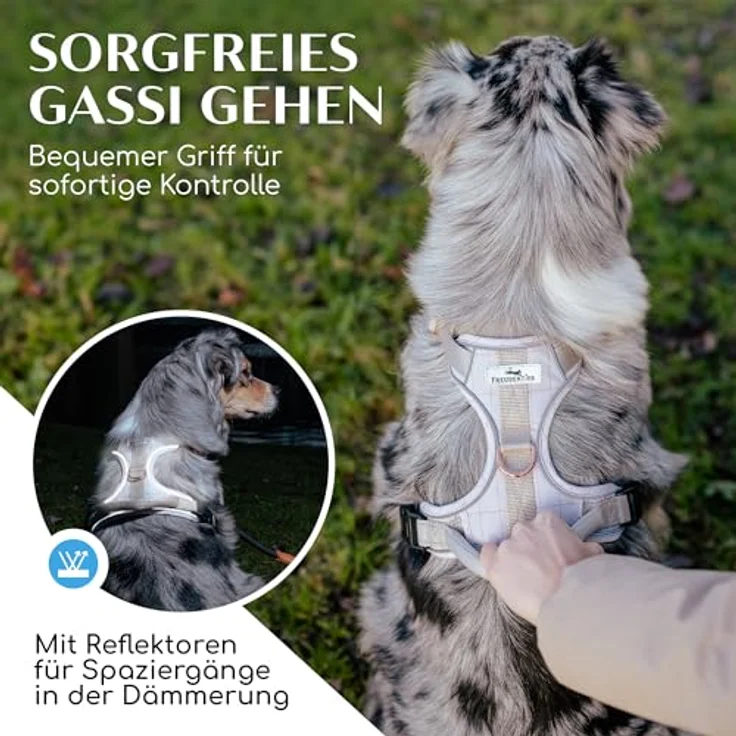 FREUDENTIER® Hundegeschirr mit atmungsaktiver Polsterung - Bombenfester Sitz - Anti Zieh Brustgeschirr für große, mittelgroße und kleine Hunde (M) in Weiß – Bild 5