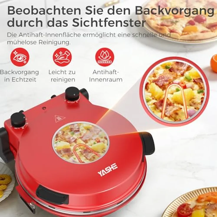YASHE Pizzaofen Elektrisch, 400°C, 1200W, Keramikstein, Sichtfenster, Timer, für knusprige Pizza in 4–6 Minuten – Bild 4