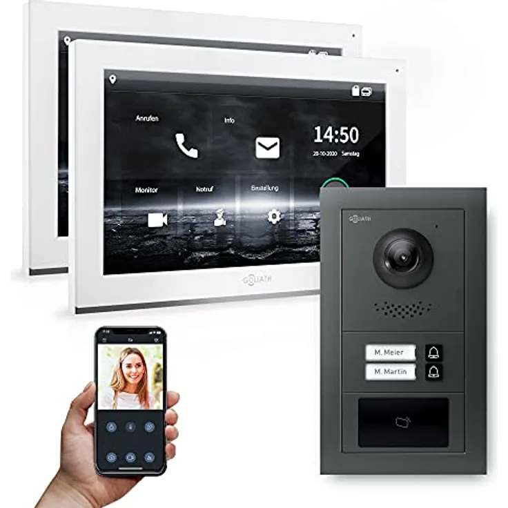 Goliath GL-IPH210A IP Video-Türsprechanlage, 10-Zoll Monitor, HD Kamera, RFID, anthrazit, für 2 Familienhäuser