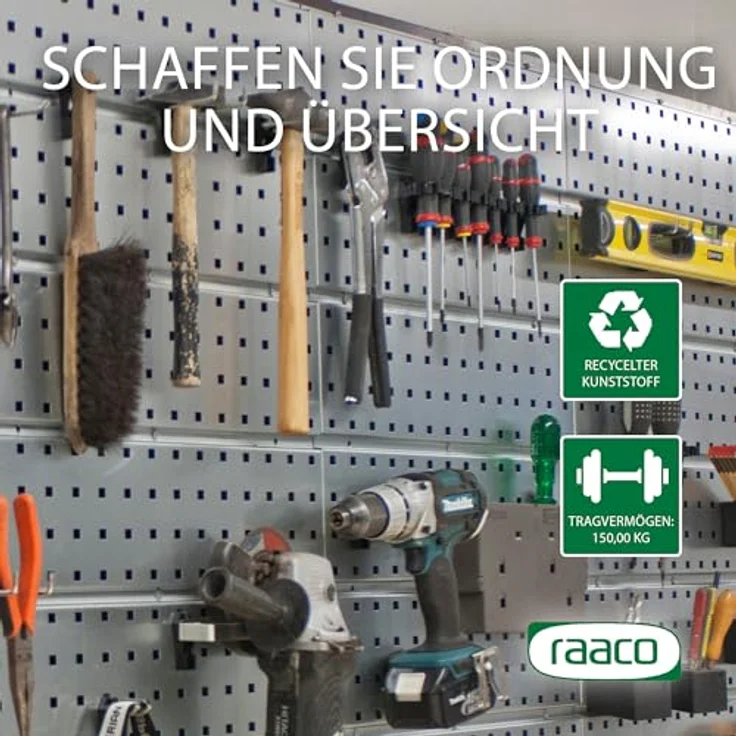 Raaco 2 TWP Set, verzinkte Werkzeugwand mit 28 SuperClips, 104 x 88 cm, 150 kg Tragfähigkeit, erweiterbares Ordnungssystem für Werkstatt, Garage & Hobbyraum – Bild 4