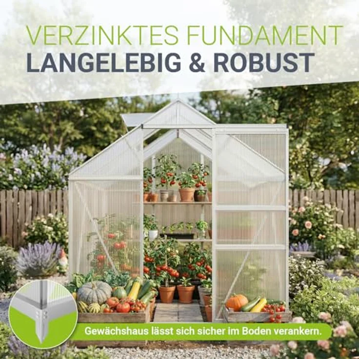 JUSKYS® Gewächshaus 3,6 m² - Aluminiumgestell mit Stahlfundament, UV-beständig, abschließbare Schiebetür, belüftbare Dachfenster 61x57 cm – Bild 5