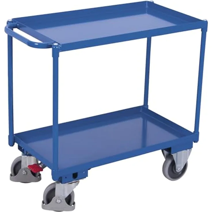 VARIOFIT Tischwagen mit Wanne, 2 Ladeflächen 845x495mm, pulverbeschichtet in RAL 5010 enzianblau, Traglast 400 kg