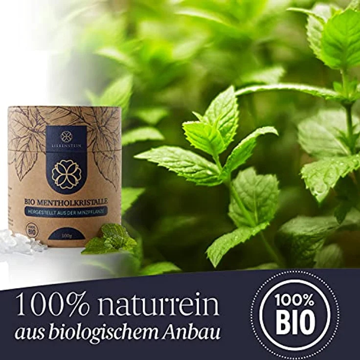 Liebenstein BIO Mentholkristalle, 100g - nachhaltige Verpackung, Holzdosierlöffel, 100% reine Minze, langanhaltendes erfrischendes Aroma – Bild 2