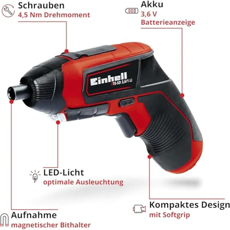 Einhell Akkuschrauber TE-SD 3,6-1 Li (Li-Ion, 3.6 V, 4.5 Nm Drehmoment, Micro-USB-Lader, Magnetbithalterung, LED-Beleuchtung, Softgrip, inkl. 10-teiliges Bit-Set + hochwertige Metallbox) – Bild 2