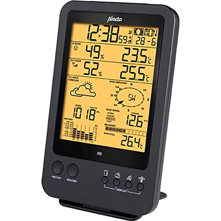 Alecto WS-4700 Wetterstation Funk mit Außensensor - Funkwetterstation - 5-in-1 - großes Display - speichert Messwerte - Funkuhr - Datumsanzeige - Mondphasen - schwarz, 13 x 5,4 x 27,8 cm – Bild 2