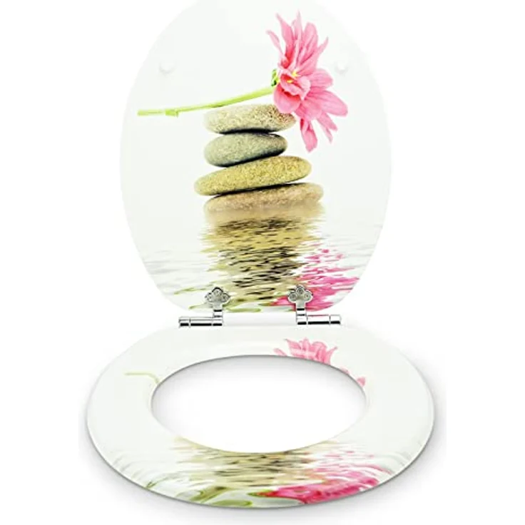 Sanfino WC Sitz Gerbera, Toilettendeckel aus Holz mit Absenkautomatik, weiß mit Blumenmotiv, einfache Montage, verchromte Metallscharniere – Bild 3