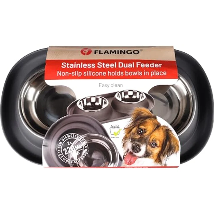 Flamingo Futter- und Trinknapf Duo Dinner Grafa Oval, Edelstahl mit antirutsch-Boden, dunkelgrau, 2x220ml, 34x19x3,5cm – Bild 2