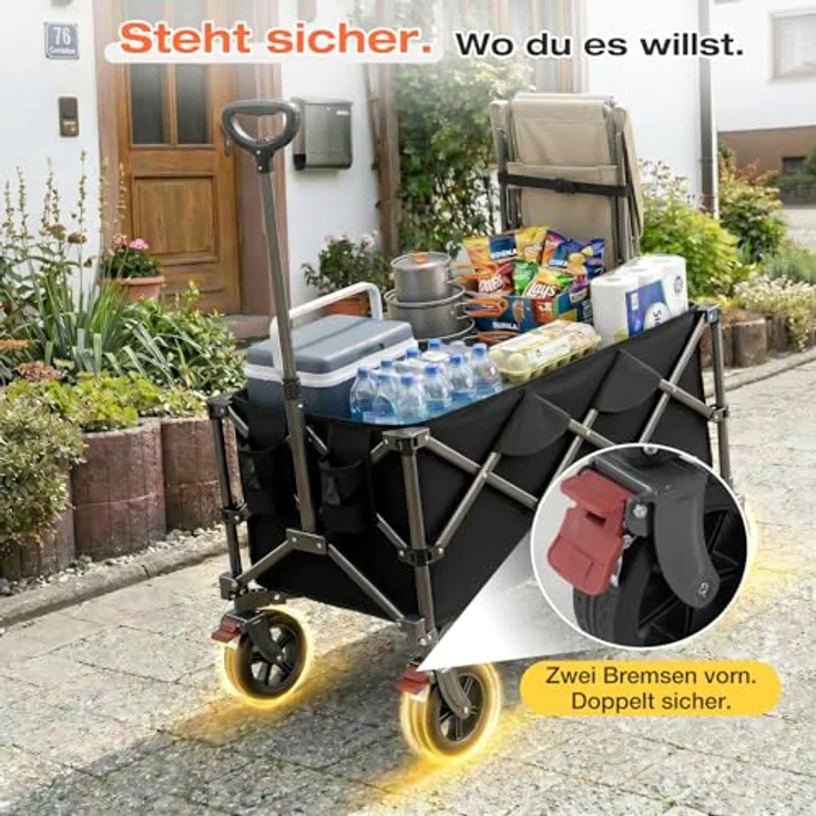 Sunula SUNULA Bollerwagen, Faltbar mit 120KG Tragkraft, Klappbarer Handwagen mit Ein-Klick-Handgriff, Geländegängige Räder mit Bremsen, 150L Volumen, Schwarz – Bild 5