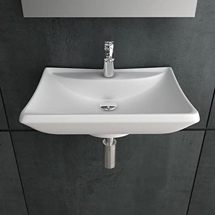 Alpenberger Waschbecken 60 cm Breit | Aufsatzwaschbecken Eckig | Hängewaschbecken | Keramik Waschtisch mit Nano | Handwaschbecken Klein Gäste WC und Badezimmer (WB-662) – Bild 3