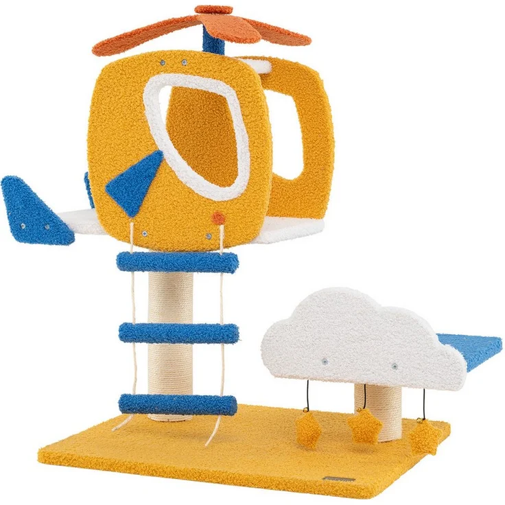 COSTWAY Kratzbaum, mit Plattform in Hubschrauberform, Spielzeug, Leiter, 58,5x48,5x76 cm, blau-weiß-gelb