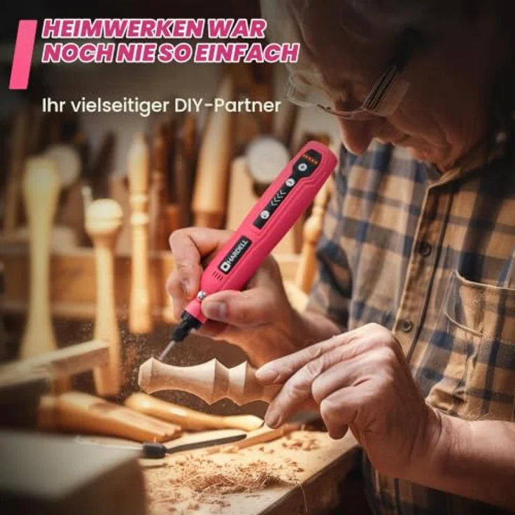 HARDELL Mini Akku Rotationswerkzeug, 5 Geschwindigkeiten (5000-18000 U/min), 3,7V mit LED, 69-teiliges Zubehörset für Gravur von Resin, Holz und Glas (pink) – Bild 5
