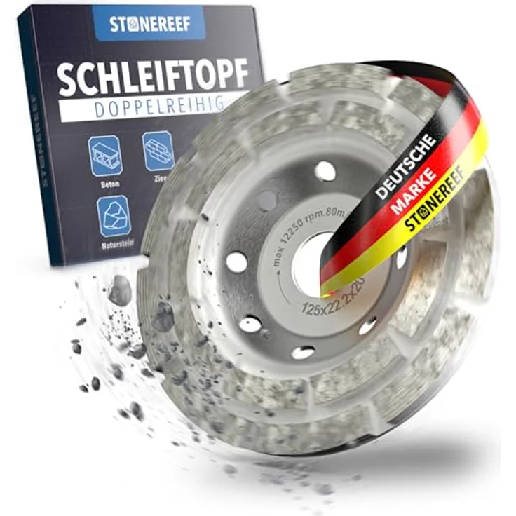 STONE REEF Diamant-Schleiftopf 125 mm für Winkelschleifer, Turbo-Schleifscheibe für Beton, Stein & Mörtel, trocken/nass geeignet, hohe Abtragsleistung