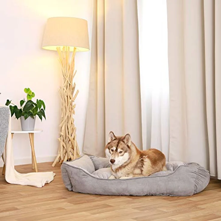 lionto Hundebett 2-in-1 mit komfortablem Einstieg, 110x80 cm, Wildlederoptik, grau – Bild 3