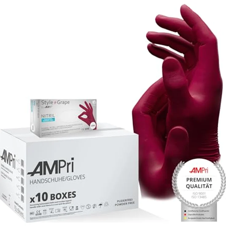 AMPri Nitrilhandschuhe Grape, bordeaux, XL, puderfrei, 10 Boxen à 100 Stück, reißfest, hautfreundlich, lebensmittelecht – Bild 1