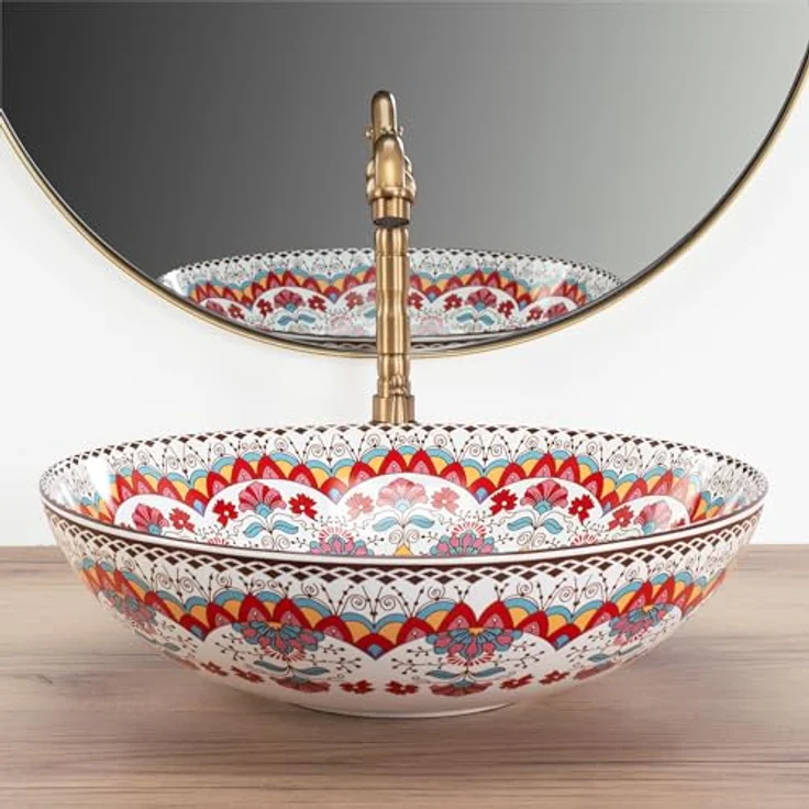 wohnwerk.idee Aufsatzwaschbecken Waschbecken Bunt Rot Blau Vintage Mexikanisch Ornamente Arte – Bild 3