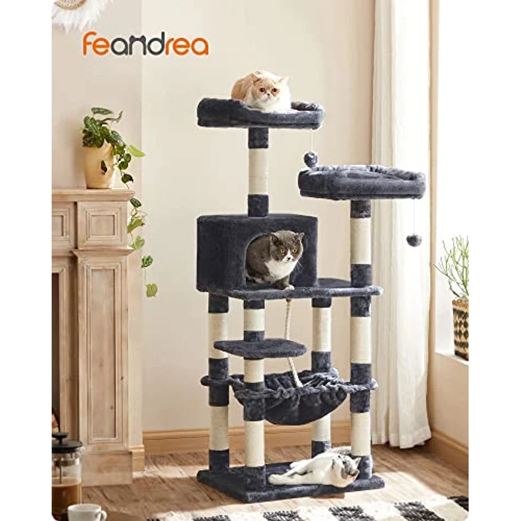 Feandrea Kratzbaum, 143 cm hoch, Katzenbaum mit 11 Kratzsäulen, 2 Plattformen, 1 Katzenhöhle, 1 Hängematte, 2 Plüschbällen, Plüsch, mehrstöckiges Design, rauchgrau PCT15GYZ – Bild 2