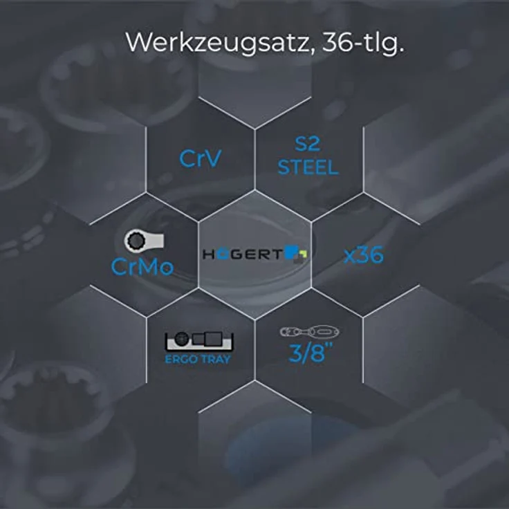 Högert Werkzeugbox Steckschlüssel-Satz Ratschenkoffer Knarrenkasten, Chrom-Vanadium-Stahl, 3/8" Zollmaß, 36-teiliges Set – Bild 3