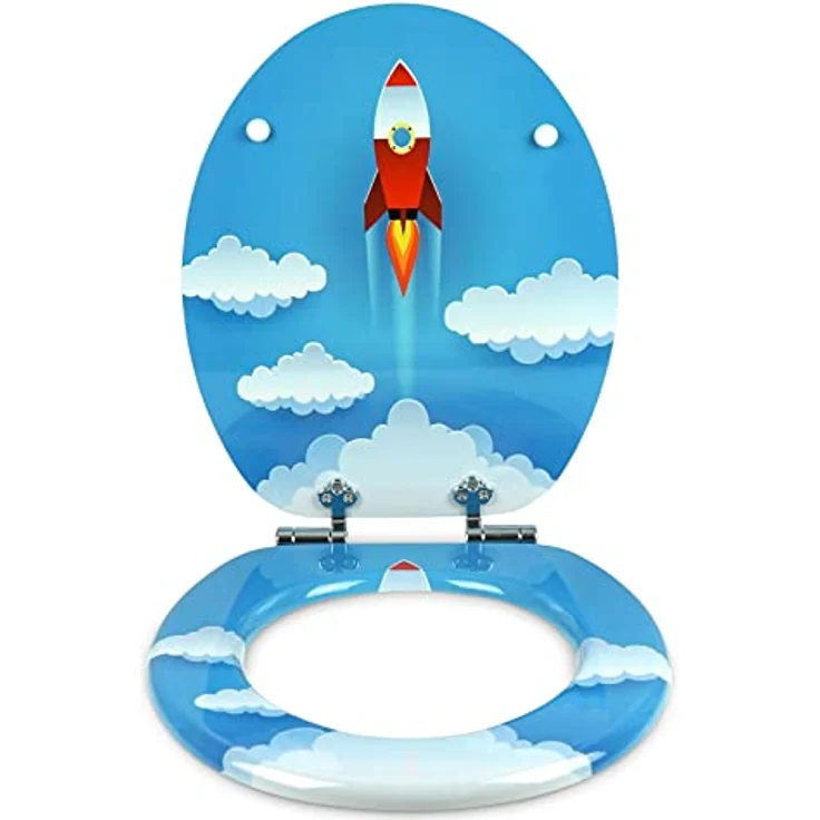 Sanfino WC Sitz Rocket, Toilettendeckel aus Holz mit Absenkautomatik und blauem Raketen-Motiv, 43,5 x 37,5 cm – Bild 3