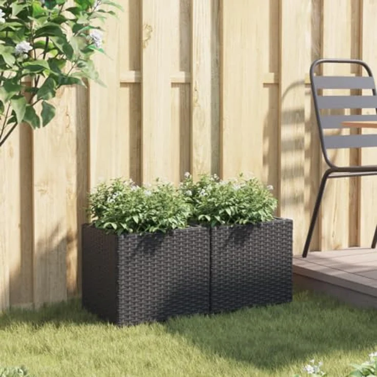vidaXL Pflanzkübel 2 STK. Schwarz 36x30x32 cm Polyrattan, Robustes Stahlgestell, Dekorative Pflanzgefäße – Bild 3