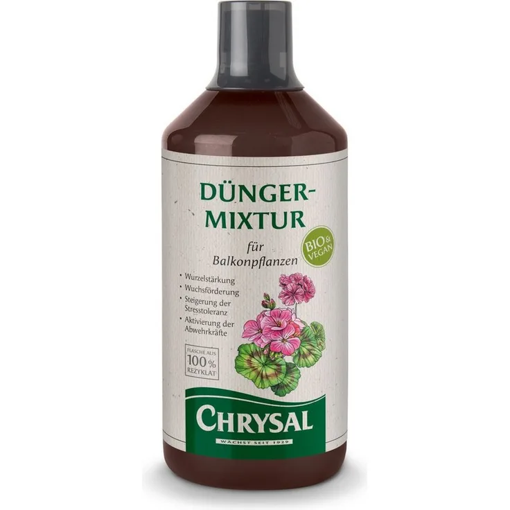 Chrysal Pflanzendünger Vegane Bio-Dünger-Mixtur für Balkonpflanzen, 1000 ml, organisch NPK 4,5-0,5-5, mit Wurzelstärkung und Pflanzenabwehr