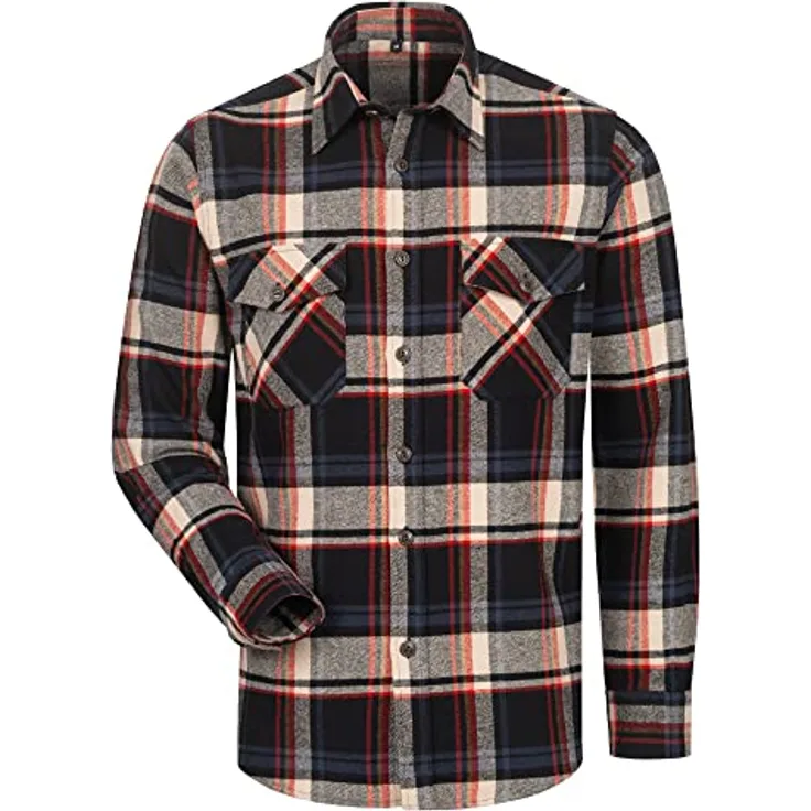 HELMUT FELDTMANN Hemd TURRELL Gr.L, kariert in schwarz/marine/beige/rot, aus 100% Baumwolle, 290 g/m² Webflanell, weitenregulierbarer Ärmelbund