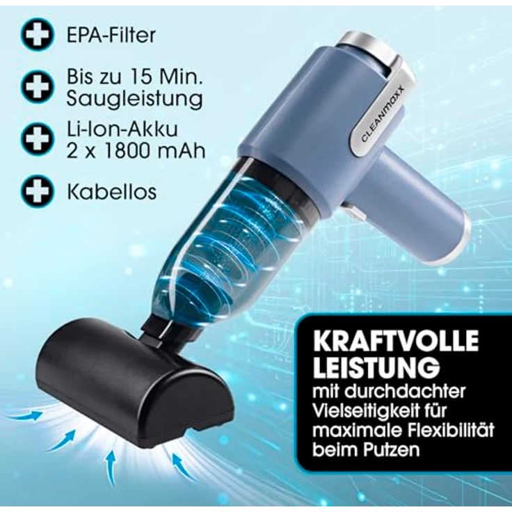 CLEANmaxx 2in1-Akkusauger mit Saug- & Gebläsefunktion, kabellos, EPA-Filter, 5 kPa Saugleistung, 400 g leicht, inkl. 8-teiligem Zubehörset – Bild 2