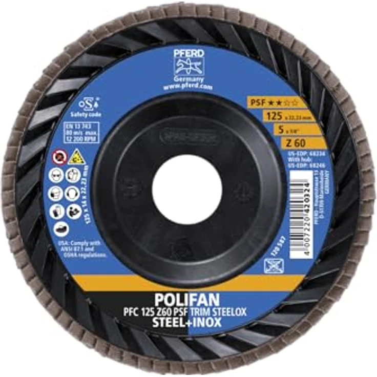 PFERD POLIFAN Fächerscheibe 125 mm Zirkonkorund Z60, universelle Schleifscheibe für Stahl & Edelstahl (INOX), Form PFC/B/T29, 10 Stück – Bild 2