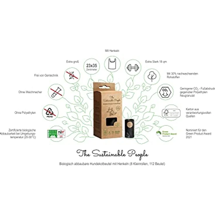 TSP Bio-abbaubare Hundekotbeutel mit Henkeln - OK compost HOME zertifiziert - 100% heim-kompostierbar und biologisch abbaubar - Gross & Extra Dick (18µm), (8 Rollen (112 Beutel)) – Bild 2