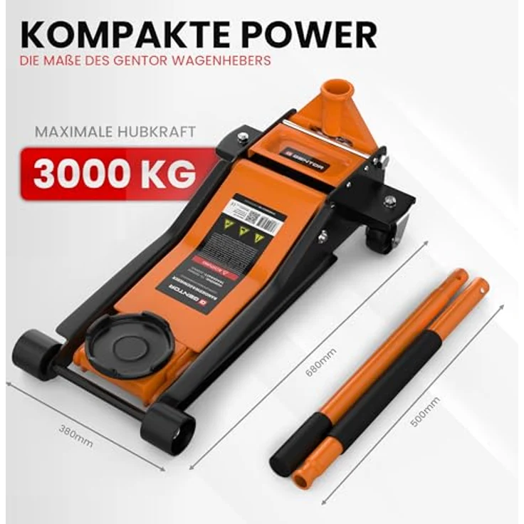 GENTOR Hydraulischer Wagenheber 3T Flach, Rangierwagenheber mit 75-505 mm Hubhöhe in Orange für PKW, SUV & Werkstatt – Bild 6