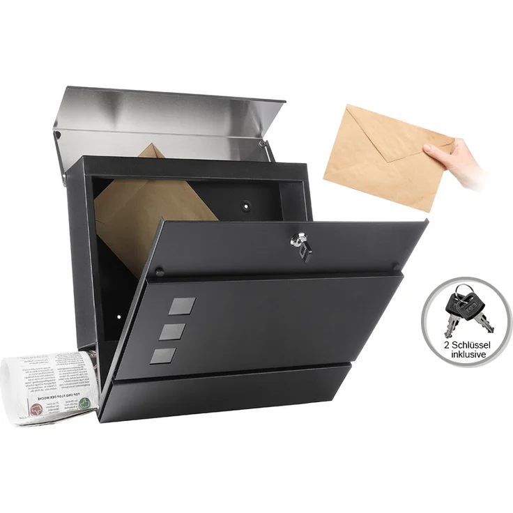 Briefkasten Edelstahl Wandbriefkasten Zeitungsfach Zeitungsrolle Namenschild Design Mailbox Kasten Postkasten Wandmontage - Schwarz - Silber* – Bild 3