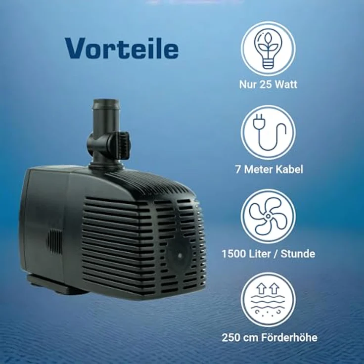 KERRY Teichpumpe 12 V – 1.500 L/H | 25 Watt | 10m Kabel | 2,5m Förderhöhe | Wasserpumpe | Aquariumpumpe | Wasserspielpumpe | Brunnenpumpe | Springbrunnen-Pumpe | – Bild 3