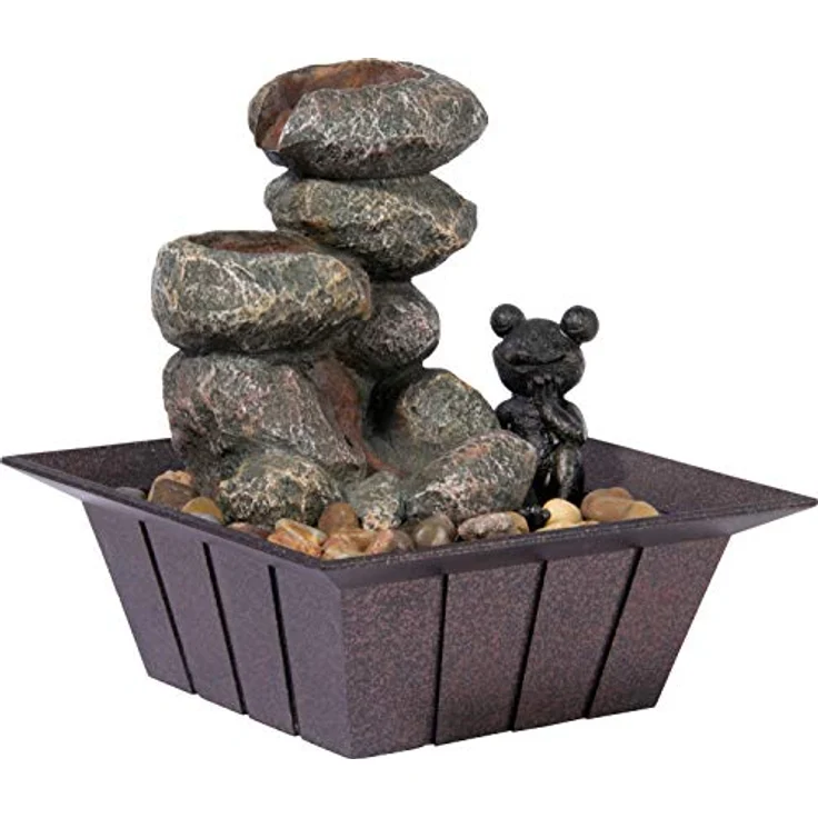 dobar® 96413e Design Tischbrunnen | Zimmerbrunnen Polyresin mit Ziersteinen | Kleiner Springbrunnen | Dekoratives Wasserspiel für Wohnzimmer/Büro/Indoor | Zierbrunnen - 20 x 20 x 21,5 cm | Grau – Bild 2