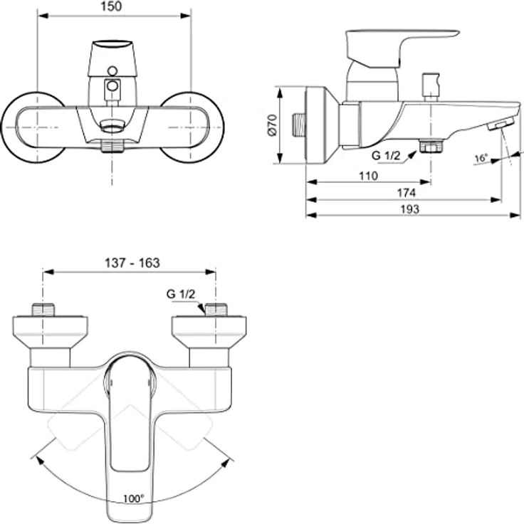 Ideal Standard Badearmatur Connect Air AP, Wandarmatur in Chrom mit metallischem Griff und manueller Temperaturregelung – Bild 5