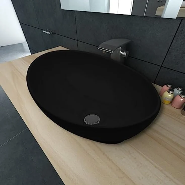 vidaXL Keramik Waschtisch Waschbecken Oval schwarz 40 x 33 cm – Bild 2