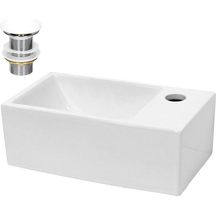 LuxeBath Waschbecken Aufsatzwaschbecken aus Keramik Einbaubecken Wasserfall, Aufsatzwaschtisch Weiß inkl. Ablaufgarnitur ohne Überlauf - Hochwertige Keramik mit modernem Design, Ablauf mit Standard-Anschluss, Push-Open-Technologie - Preisvergleich