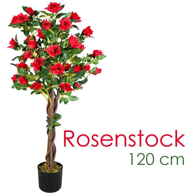 Decovego Kunstblume Rose Rosenbusch Rosenstock Künstliche Pflanze Rot Echtholz 120 cm