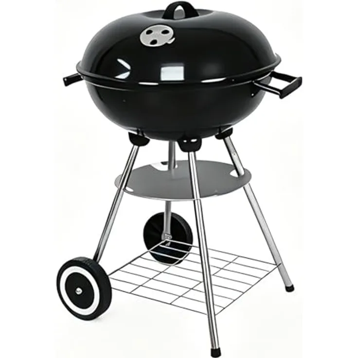 LQWELL Compact Kettle Holzkohlegrill, Grillfläche Ø 41,5 cm, einstellbare Luftzufuhr, tragbar mit Doppelrädern, Maße 44 x 43,7 x 71 cm, Schwarz