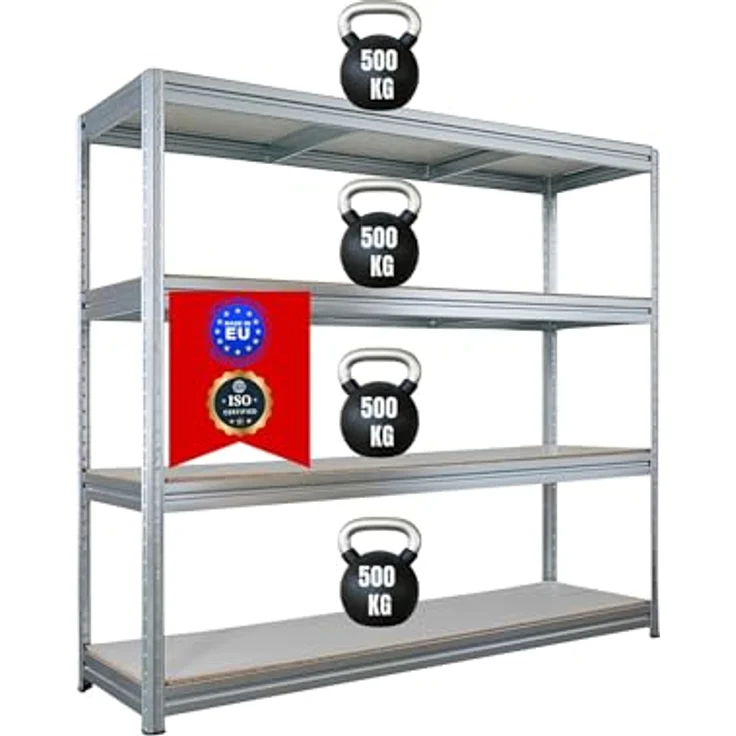 Proregal Schwerlastregal DINO, 180 x 200 x 60 cm, 4 Böden, Traglast 500 kg pro Boden, verzinkt – Bild 1