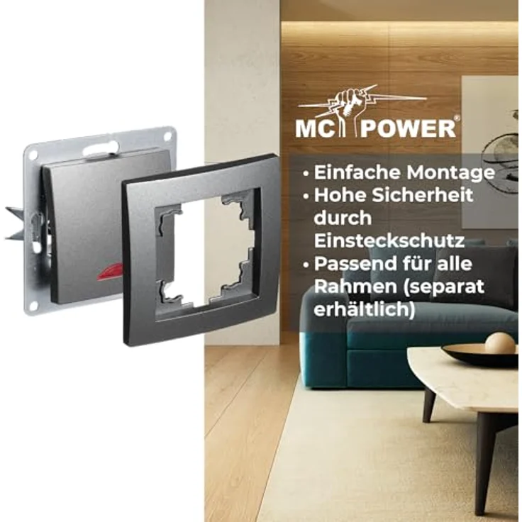 McPower Schalter Flair mit Orientierungsleuchte, 250V~/10A, Unterputz-Montage, anthrazit, IP20, zeitgemäßes Design für Innenräume – Bild 4
