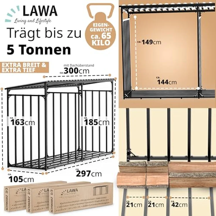 LAWA Kaminholzregal Metall mit Dach, verzinkt, wetterfest, Anthrazit, 300x105x185cm für 5m³ Brennholz, maximale Stapelflexibilität, inklusive optionalem Wetterschutzplanen-Set – Bild 3