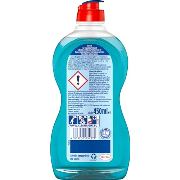 PRIL Kraftgel Hygienische Frische Geschirrspülmittel, 450 ml, blau, fettlösend, entfernt 48h eingetrocknete Verschmutzungen, praktische Dosieröffnung, Flasche aus 100% recyceltem Kunststoff – Bild 2