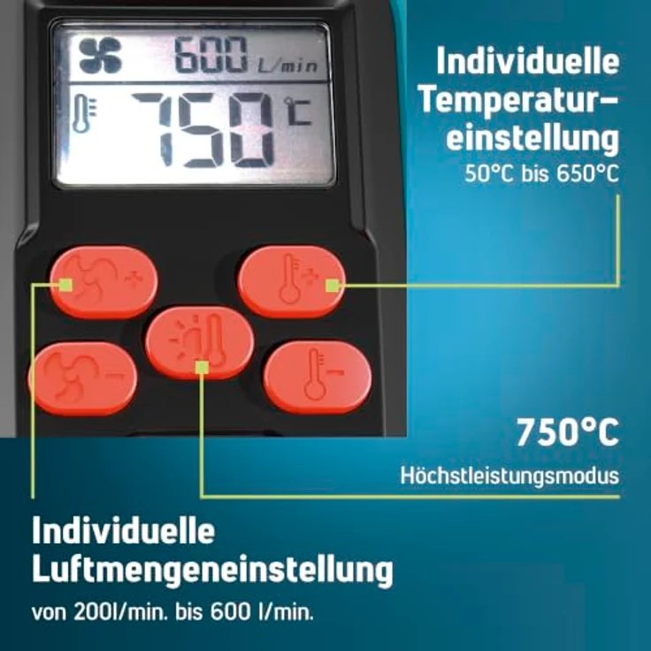 NOVUS TOOLS Heißluftpistole H-550, stufenlos einstellbar von 50–650°C, Keramikheizung mit LCD-Anzeige und Programmspeicher – Bild 2